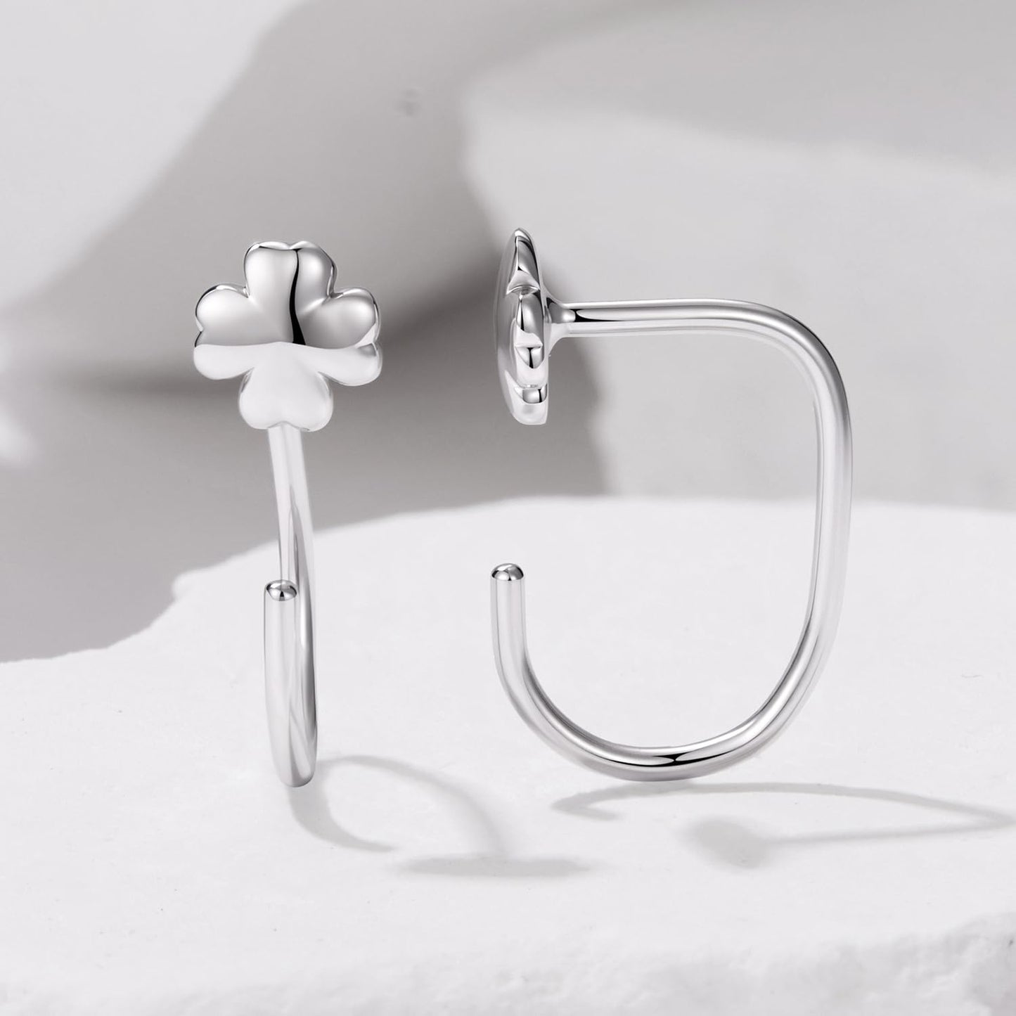 BISAER 925 Sterling Silver Heart Star Small Hoop Earrings, Hypoallergenic Backless Earrings Cartilage Earrings for Women, Dainty Sleeper Earrings with No Back Half Hoop Earrings Jewelry Gift for Her (Clover)