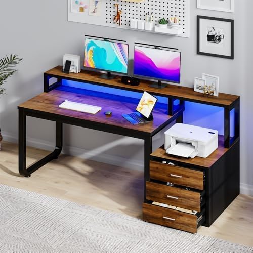 MaverickFurni 67'' Computer Desk with Drawers, Black Desk with Storage and Monitor Stand, Home Office Desk with LED Lights, Black and Walnut