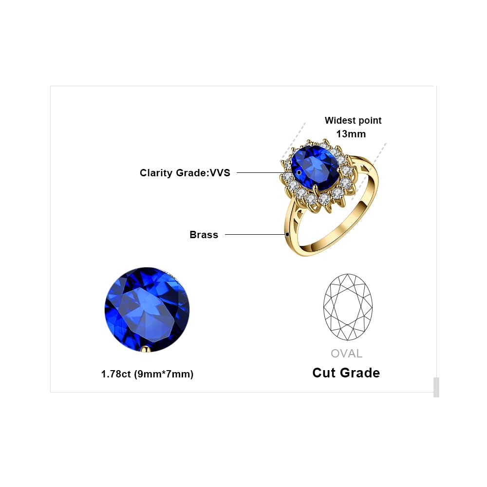 JewelryPalace Princess Diana Kate Middleton Gemstone Birthstone Royal Blue Created Spinel Halo Statement Engagement Rings for Women, 14K Yellow Gold Plated Promise Rings for Her Size 10.5