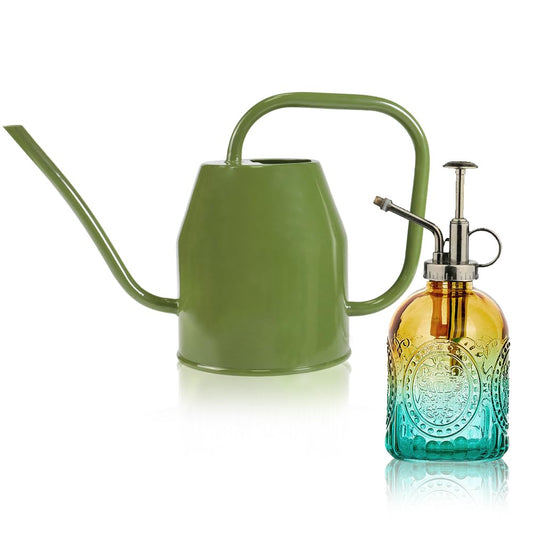 35 oz/1000 ml Metal Indoor Small Watering Can with Long Spout for House Plants Decorative, 12 oz/360 ml Glass Plant Mister Spray Bottle for Bonsai Garden Flowers(Green)