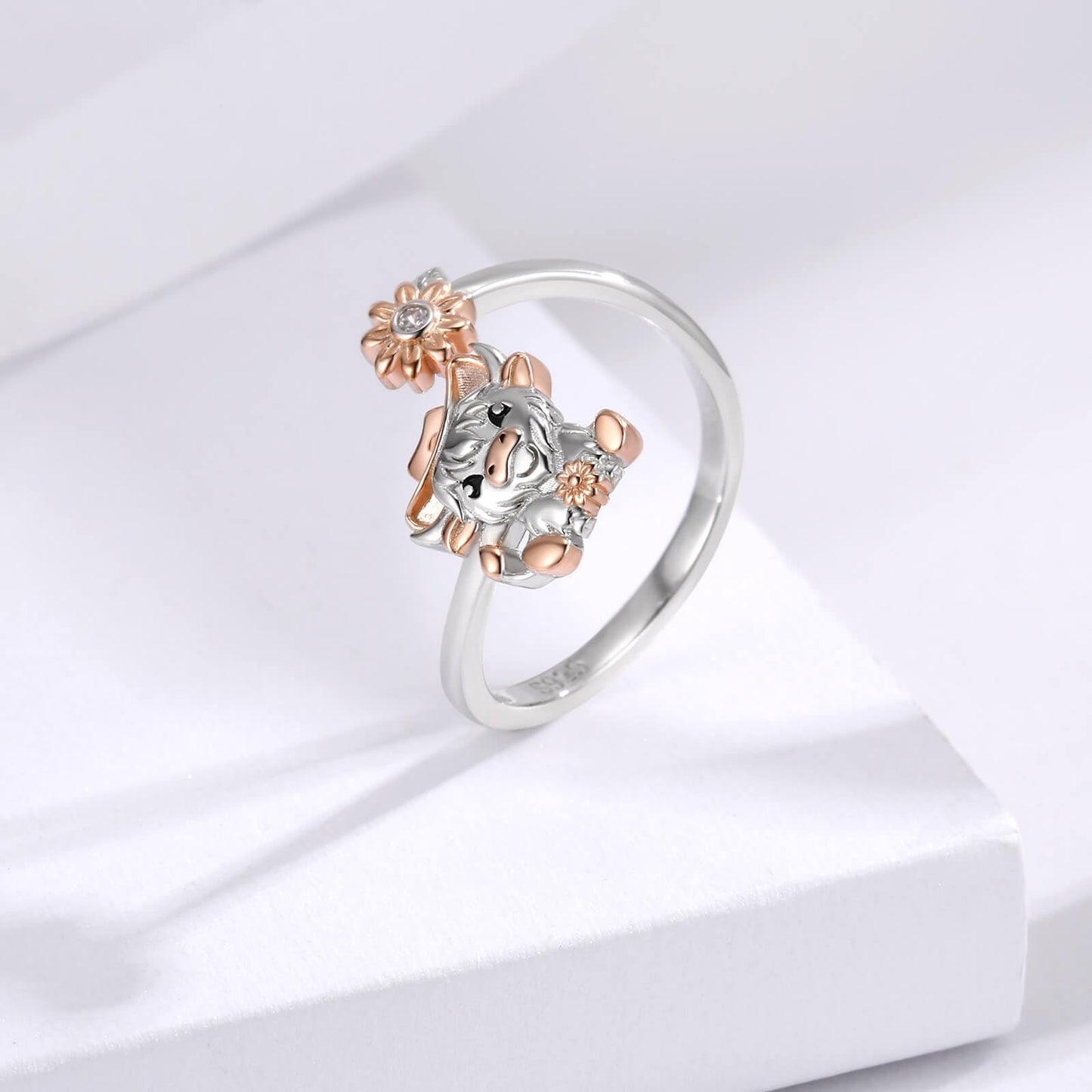Zepmais 925 Sterling Silver Animal Ring - Adjustable Open Owl Axolotl Rings with Heart Cubic Zirconia Opal Cute Animals Jewelry Gifts for Women (Highland Cow)