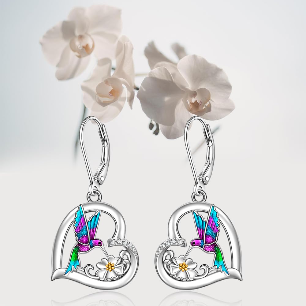 Hummingbird Earrings for Women Sterling Silver Purple Hummingbird Dangle Heart Flower Cute Bird Jewelry Filigree Memorial Mothers Day Healing Gifts