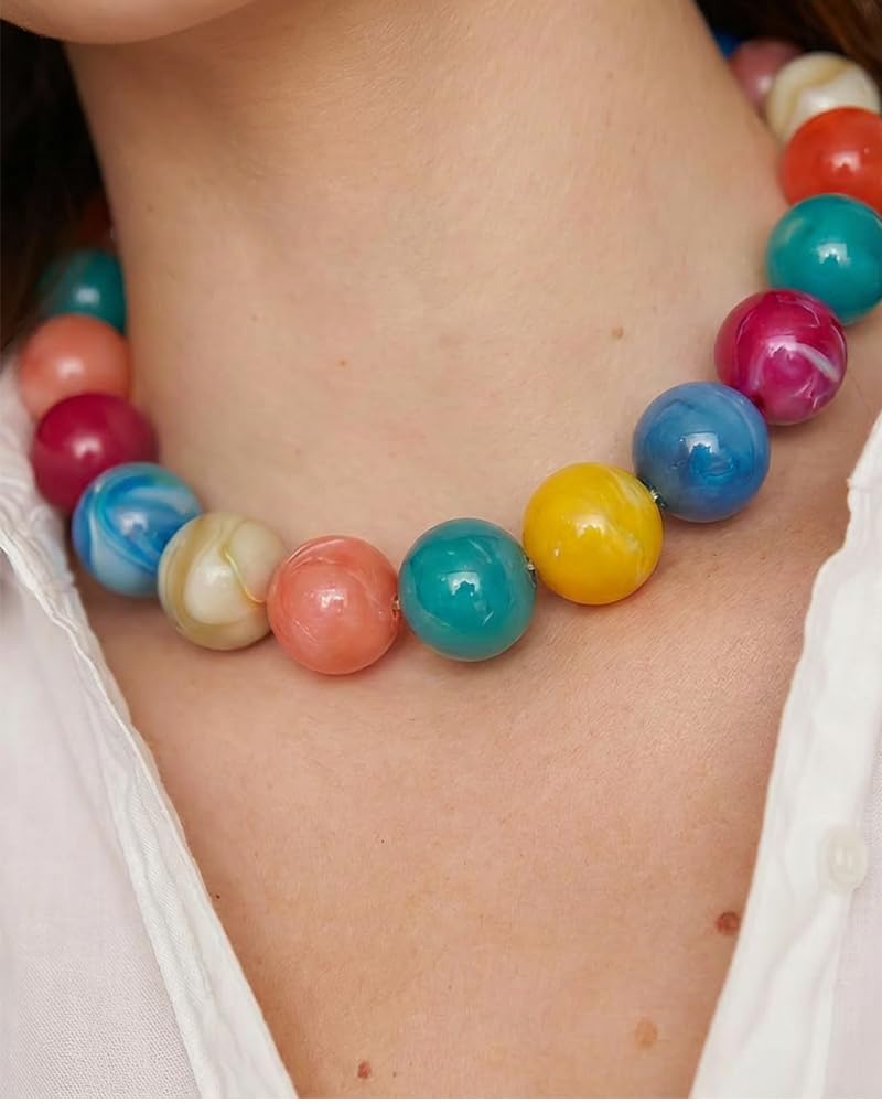 FAUTHENTICUTE Colorful Chunky Beaded Choker Necklace for Women Large Rainbow Resin Bead Strand Necklace Trendy Boho Collar Statement Necklaces Summer Beach Jewelry Gifts