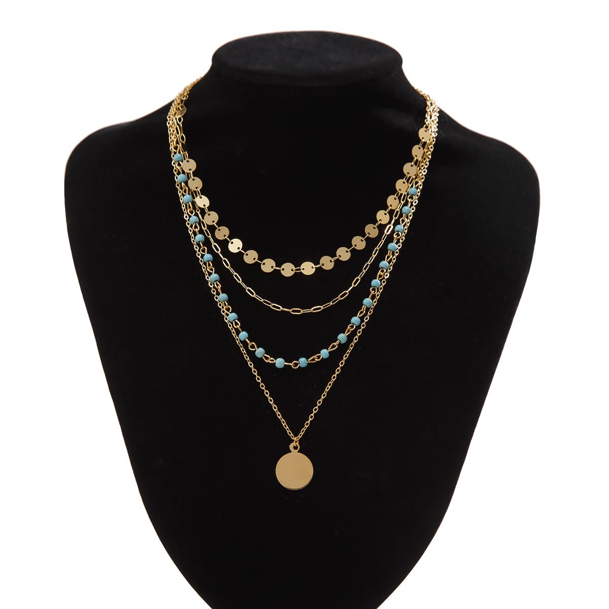 Hclian Layered Gold Necklaces for Women 14K Gold Plated Beaded Turquoise Choker Coin Pendant Necklace Handmade Country Concert Everyday Western Jewelry Gifts