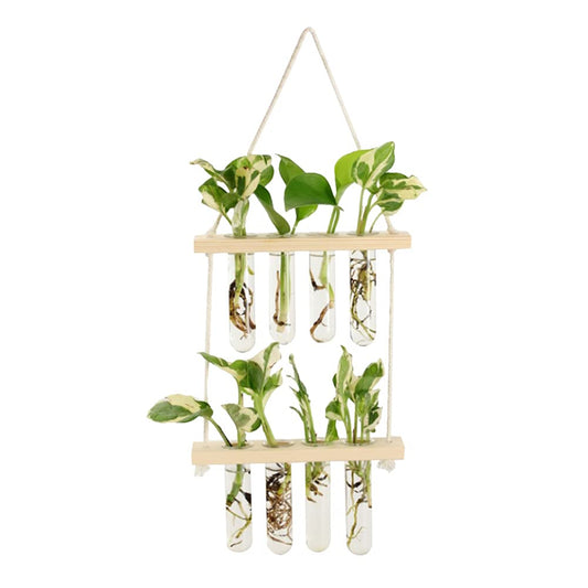 Wall Hanging Planter, 2 Tiered Plant Propagation Stations Plant Terrarium with Wooden Stand, Glass Planter Test Tube Vase for Propagating Hydroponic Plants Home Office Garden Decor (Wood Color)
