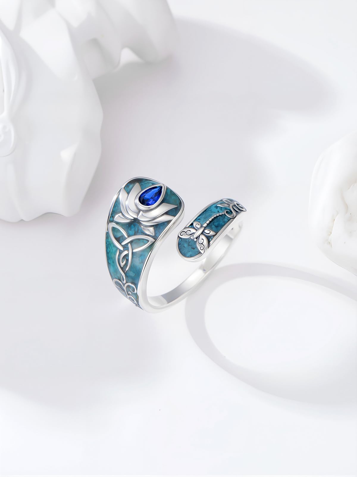 Midari Lotus Spoon Rings for Women Sterling Silver AdjustableTurquoise Lotus Flower Finger Thumb Rings with Lotus Turquoise Jewelry for Women Yoga Lovers Birthday Christmas Gifts B