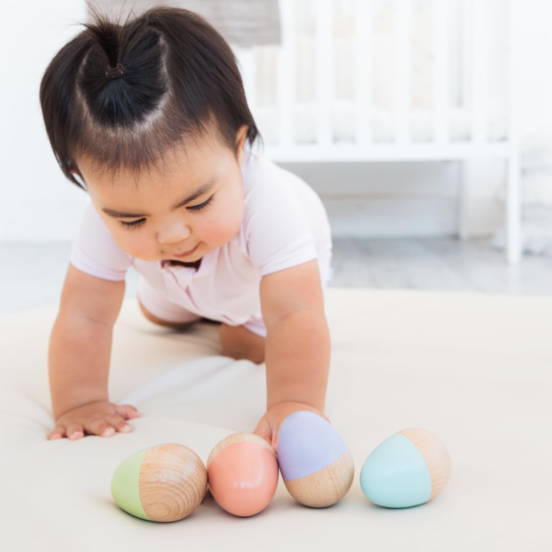 Pearhead Wooden Egg Shaker Baby Toy Set – 4-Piece Montessori Musical Sensory Toy, FSC-Certified Wood, Develops Rhythm & Fine Motor Skills, Pastel Baby Maracas for Boys and Girls, 0+ Months
