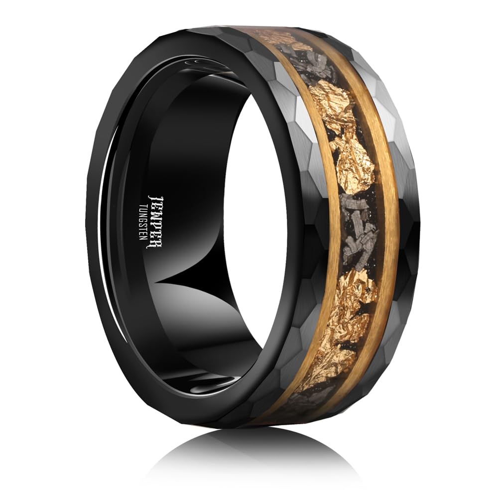 JEWPER 8mm Men Womens Wedding Band Tungsten Rings Gold Black Hammer pattern Fashion Promise Carbide Inlaid Gold Leaf Iron Filings Matte Finish Edge Comfort Fit size(12)
