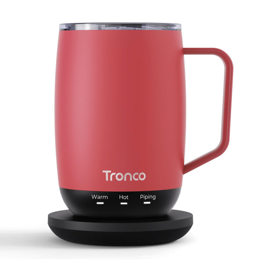 Tronco Temperature Control Heated Coffee Mug 14 oz – Rechargeable Self-Heating Coffee Cup with Lid – Manual Control, 3 Modes, 130 Min Battery Life, Auto Shut-Off (Rose)