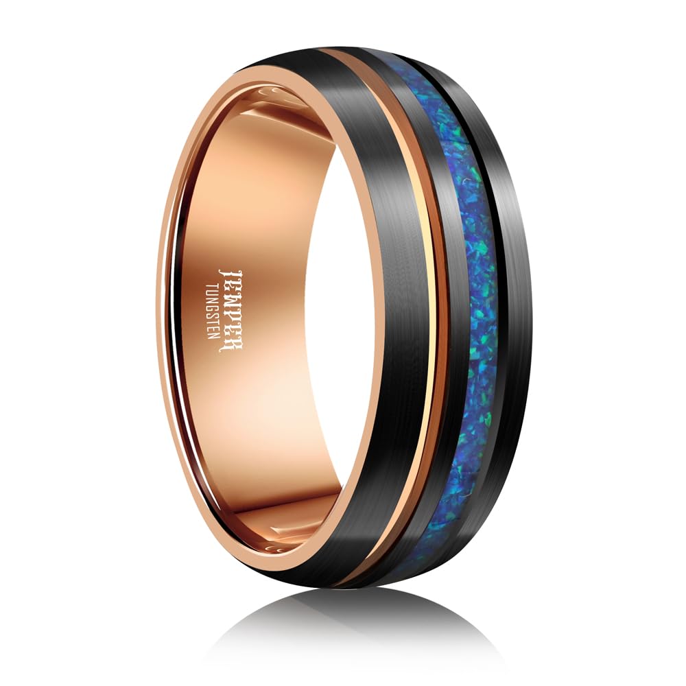 JEWPER 8mm Men Womens Wedding Band Tungsten Rings Black Blue rose gold Fashion Promise Carbide outer ring Inlaid Opal groove design Matte Finish Edge Comfort Fit Size(6)