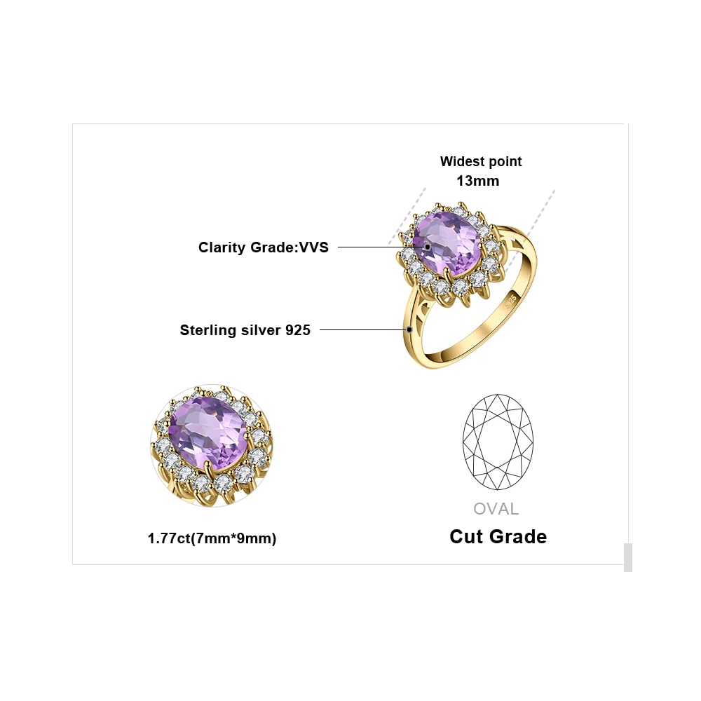 JewelryPalace Princess Diana Kate Middleton Gemstone Birthstone Purple Amethyst Halo Statement Engagement Rings for Women, 14K Yellow Gold Plated 925 Sterling Silver Promise Rings for Her Size 10.5