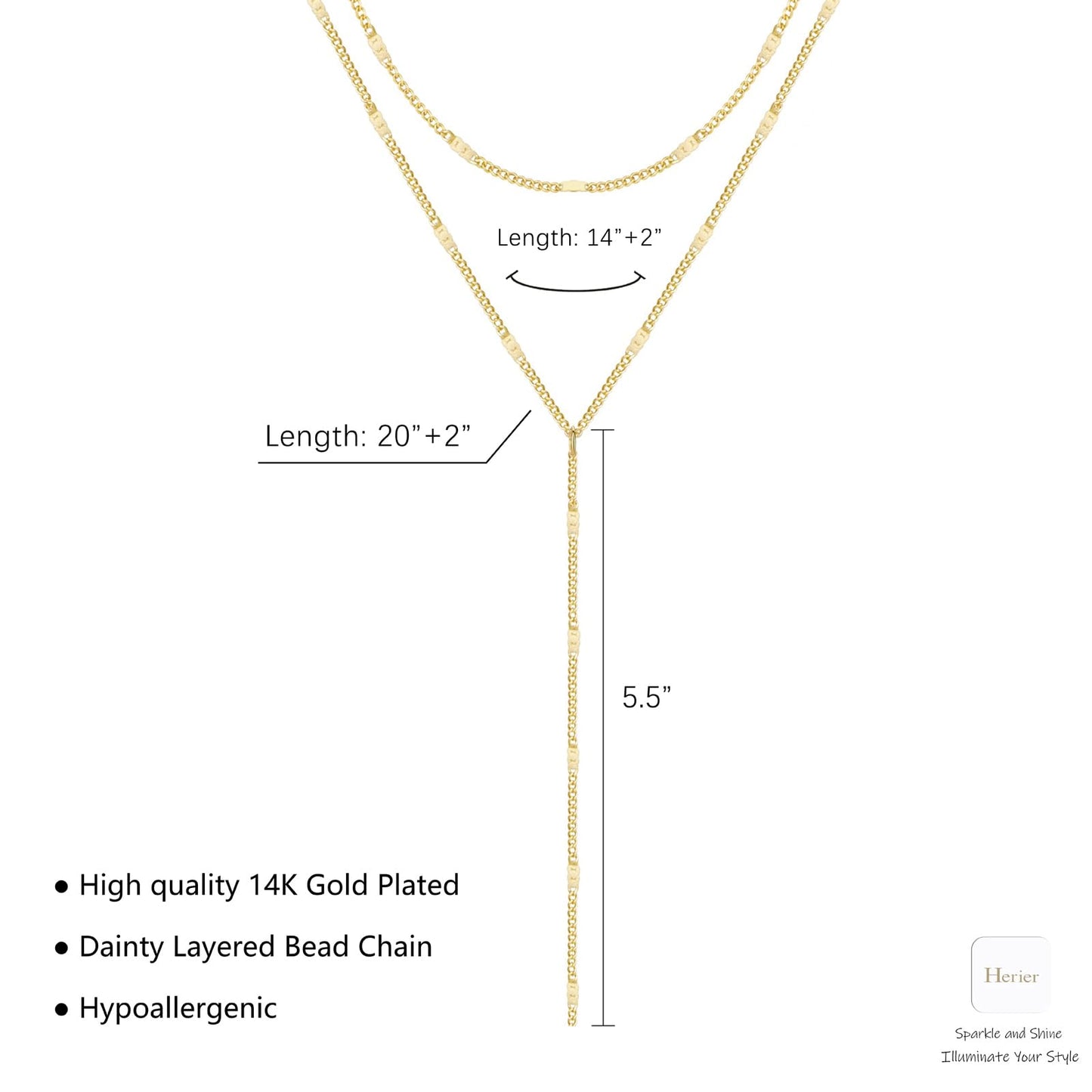 HERIER Layered Gold Necklace for Women Dainty 14K Gold Plated Long Necklace Y-Shaped Drop Chain Necklaces Trendy Simple Jewelry for Women Gifts