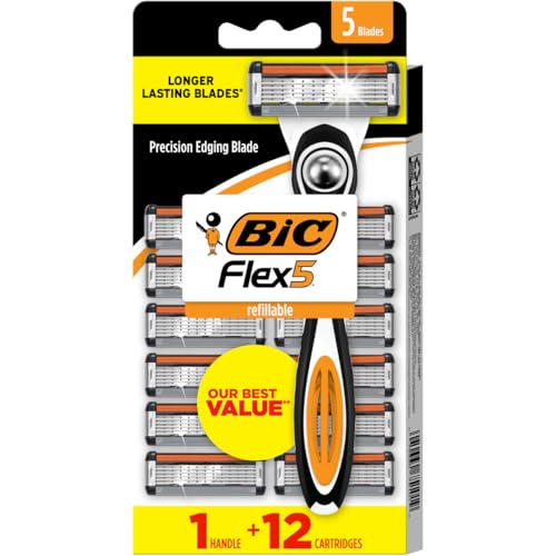 BIC Flex 5 Refillable Razors for Men, Long-Lasting 5 Blade Razors for a Smooth and Comfortable Shave, 1 Handle and 12 Cartridges, 13 Piece Shaving Kit