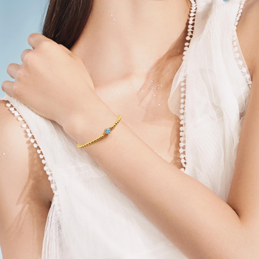 Free bird Aquamarine Bracelet Gold Beaded Bracelets for Women Stackable Gold Bracelets for Women 14K Gold Plated Stretch Bead Ball Bracelet with Aquamarine Gemstone Birthstone Jewelry for Birthday