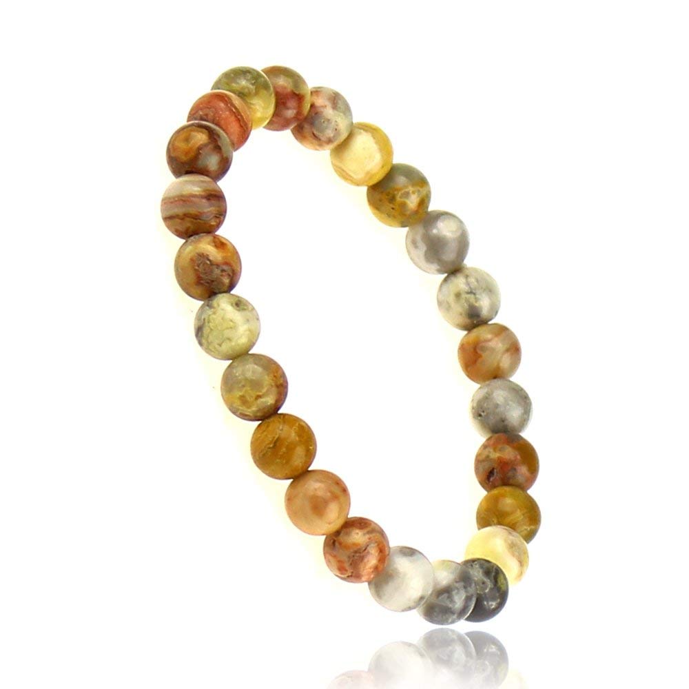 Clearain Natural Gemstones Bracelet 8mm Chakra Round Beads Energy Power Crystal Reiki Healing Elastic Stretch 7 Inch for Women Men Unisex(Crazy Agate)