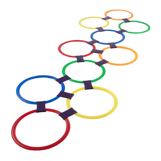 HEY! PLAY! Hopscotch Rings Game - Ten 11-Inch Plastic Rings and 15 Connectors for Indoor and Outdoor Use - Play Set for Girls and Boys (Multicolored)