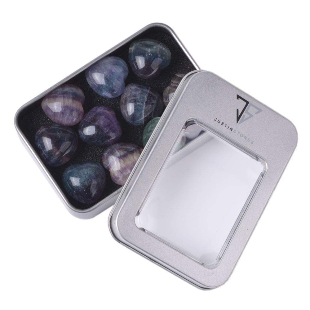 Natural Fluorite Gemstone Healing Crystal 0.8" Mini Puffy Heart Pocket Stone Iron Gift Box (Pack of 10)
