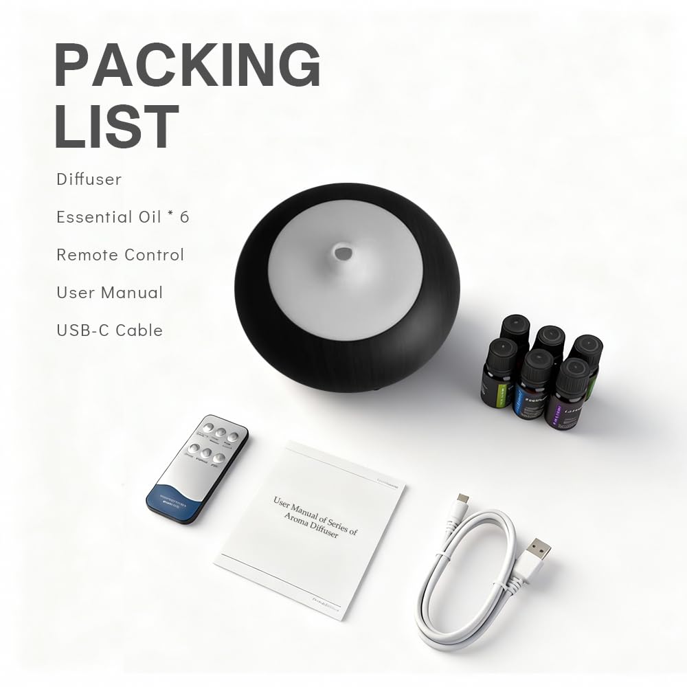 550ml Large Capacity Essential Oil Diffuser with 6 Essential Oil Set, Aromatherapy Ultrasonic Air Humidifier with Timer Setting, 7 Color LED Night Light and Waterless Auto-Off Functions for Home, Spa