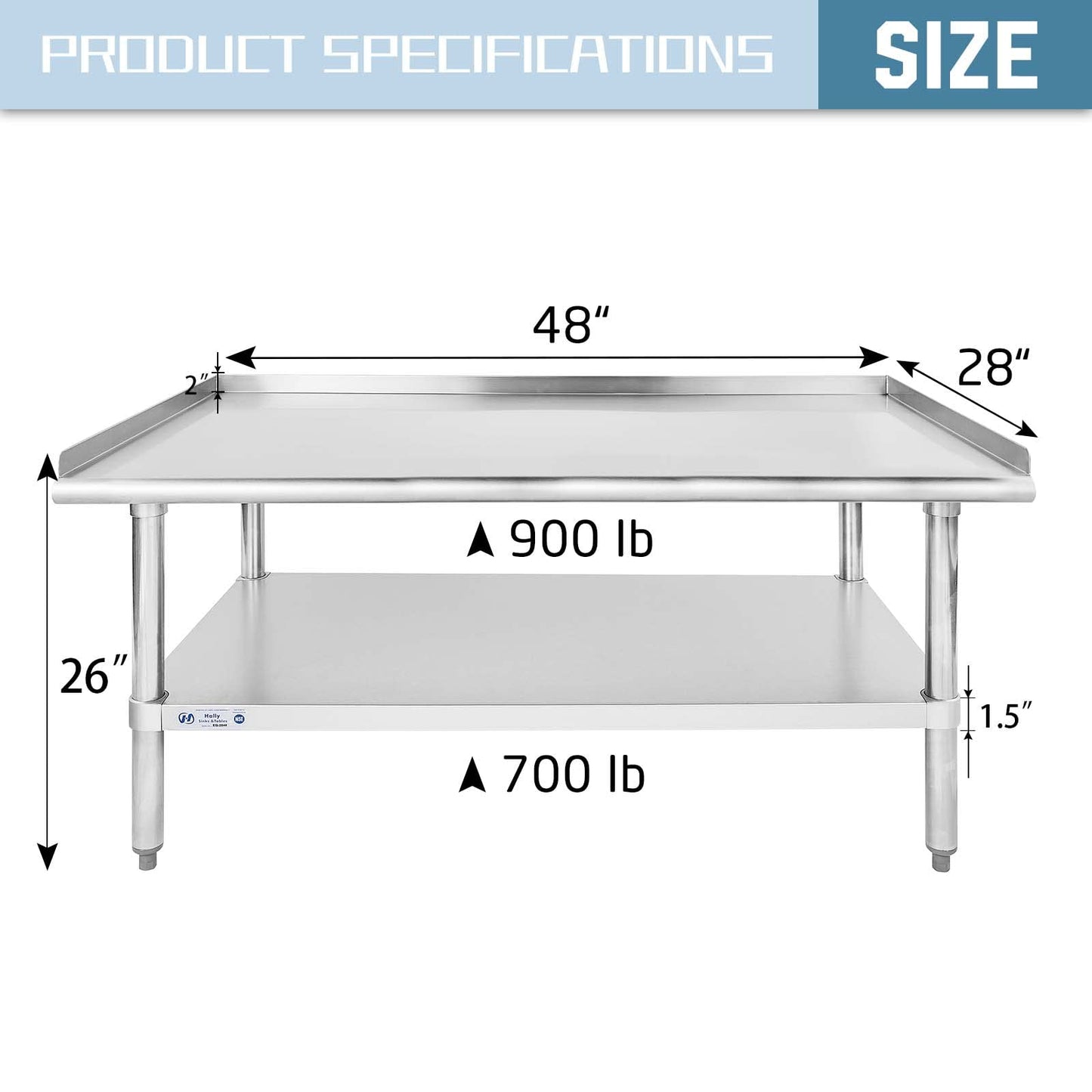 HALLY Stainless Steel Equipment Stand 28x48 Inches with Undershelf, NSF Commercial Prep & Work Table with Rear and Side Risers, Heavy Duty Grill for Kitchen, Bar, Restaurant, Home and Hotel