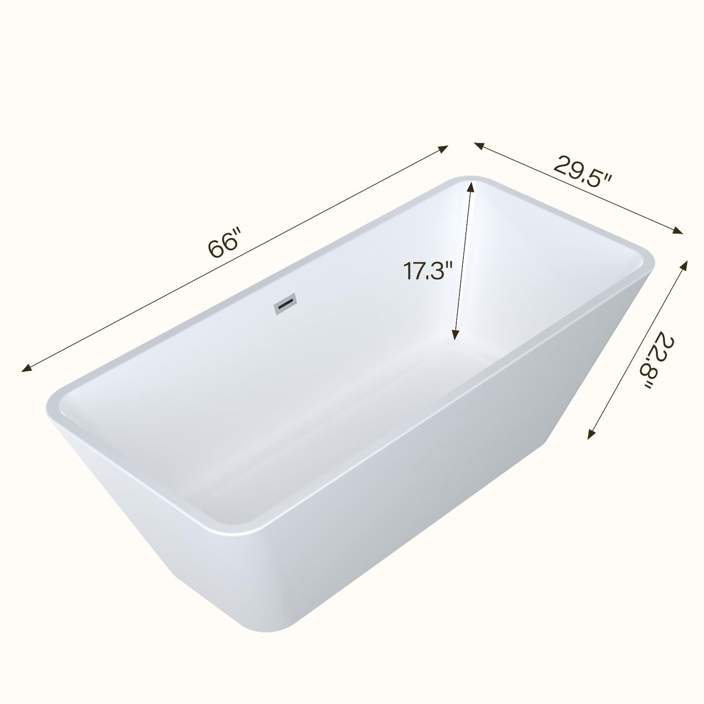 66 Inch Freestanding Bathtub, Modern Soaking Bathtub, Freestanding Rectangular Tub with Non-Slip Base and Easy Drain, Deep Design for Adults, Ideal for Bathroom Relaxation, Chrome Drain, White