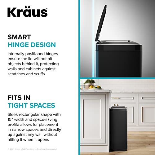 Kraus GarbagePro Rectangular 13 Gallon Hands-Free Motion Sensor Trash Can Battery Operated in Matte Black Finish with SoftShut Touchless Lid, KTCS-10MB