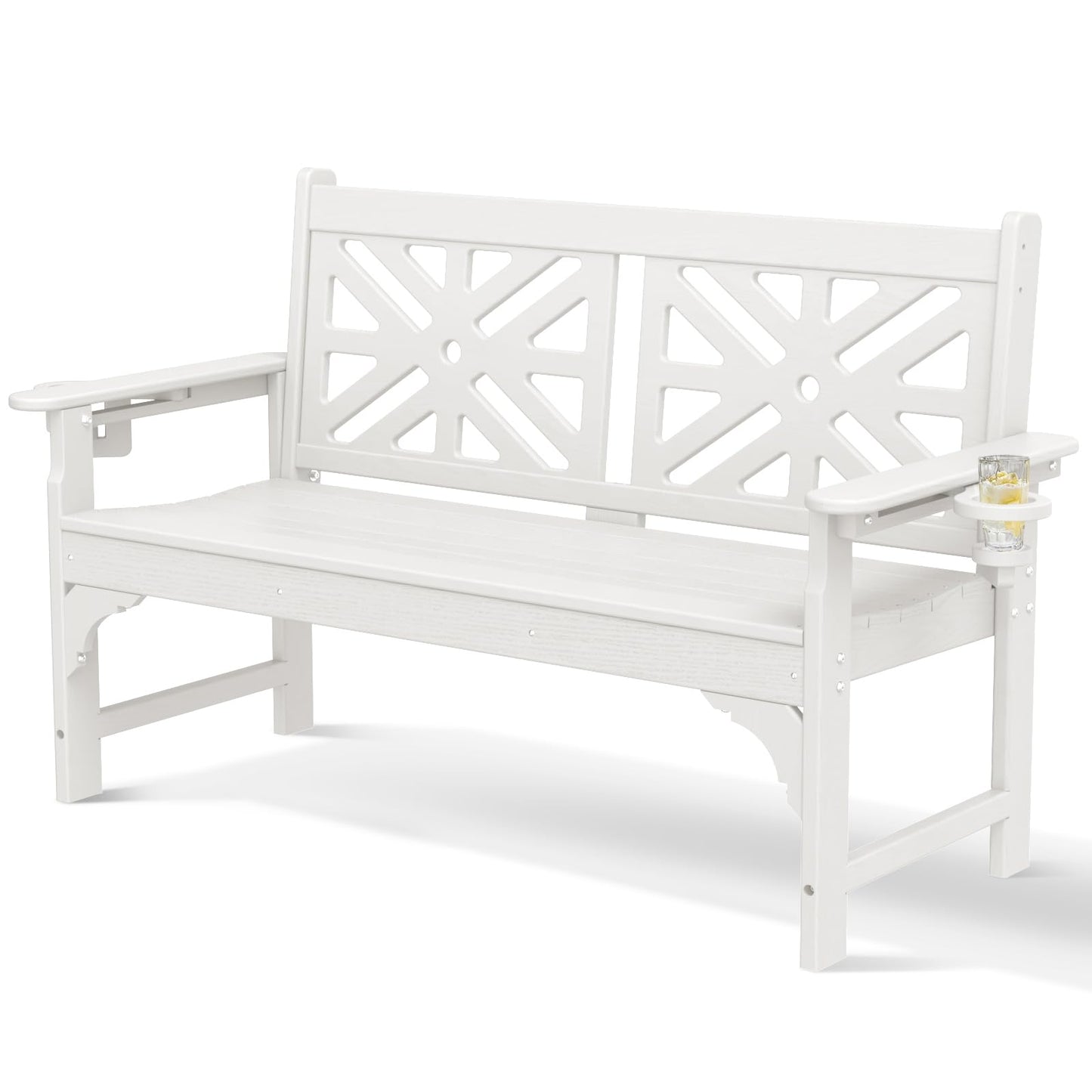 LOENIY Oversized Outdoor Bench with Cup Holders, 51.5” HDPE Aesthetic Garden Bench for 2 Person, Memorial Benches - Easy Assembly & All Weather, for Porch & Patio, 800lbs Load Capacity (White, 1pc)