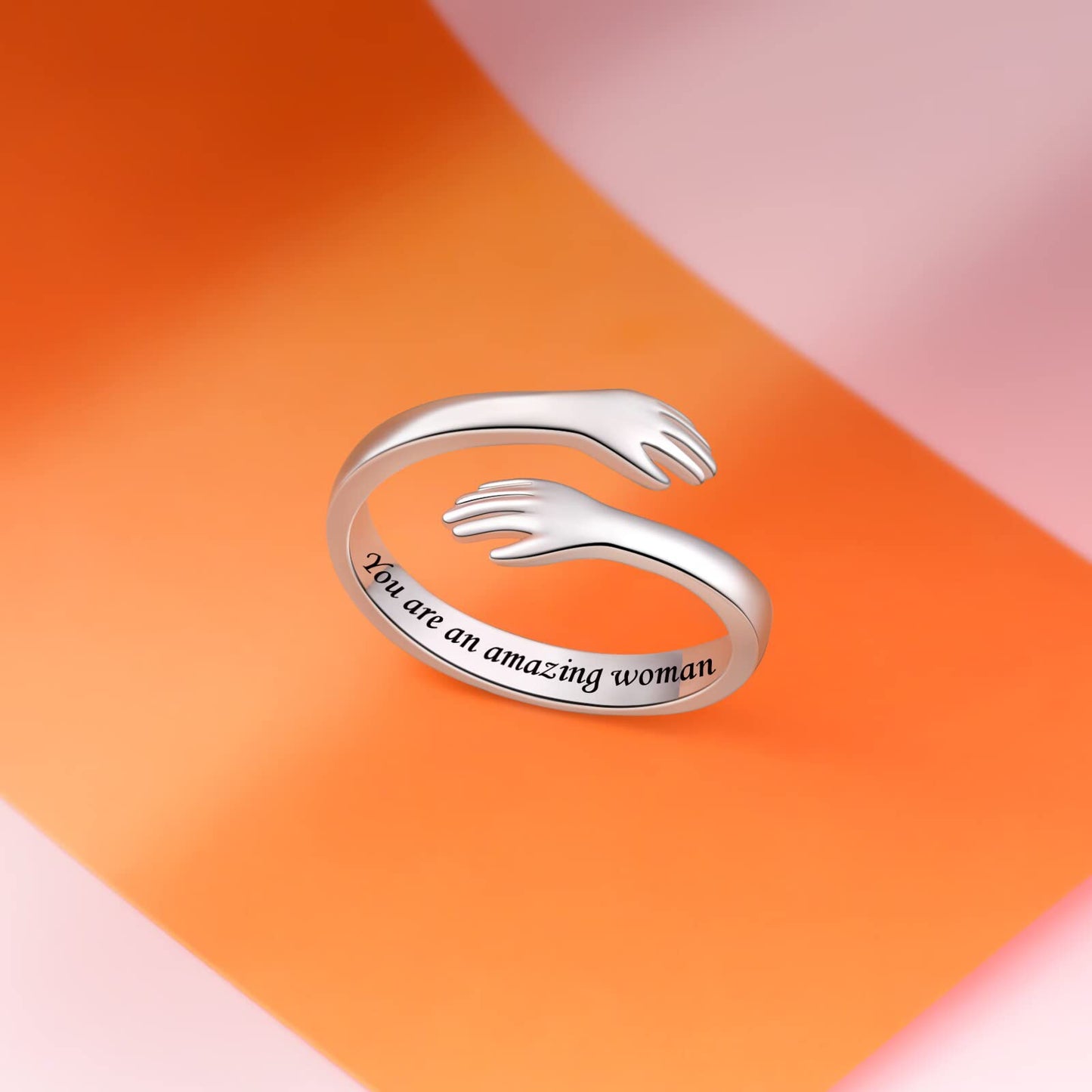 ACJFA Hug Rings for Women Sterling Silver Adjustable Ring for Women Daughter Hand Ring Jewelry for Birthday Gifts Holiday Gift for Teens(You are an amazing woman)