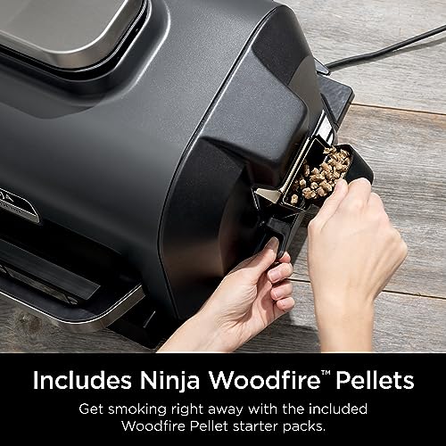 Ninja | Grill & Smoker | Outdoor Woodfire Pro XL | 4 in 1 Grill, BBQ Smoker, Air Fryer & Bake | Portable | Includes Built in Thermometer & 2 Woodfire Pellet Packs | Dark Grey | OG850