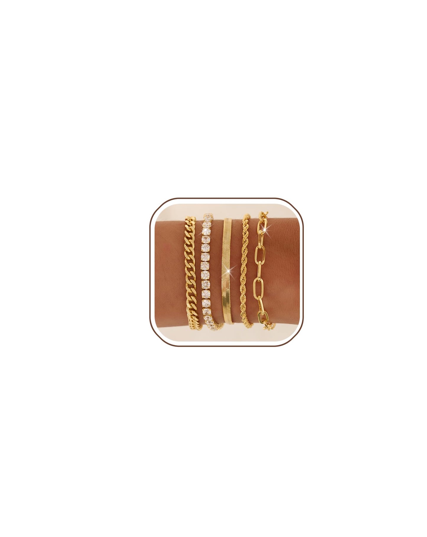 Gold Bracelets for Women 14K Gold Plated Stack Trend Bracelets Charm Paperclip Chain Cuban Link Layered Waterproof Bracelet Dainty Bracelet for Women Jewelry Gifts (5Pcs Gold)