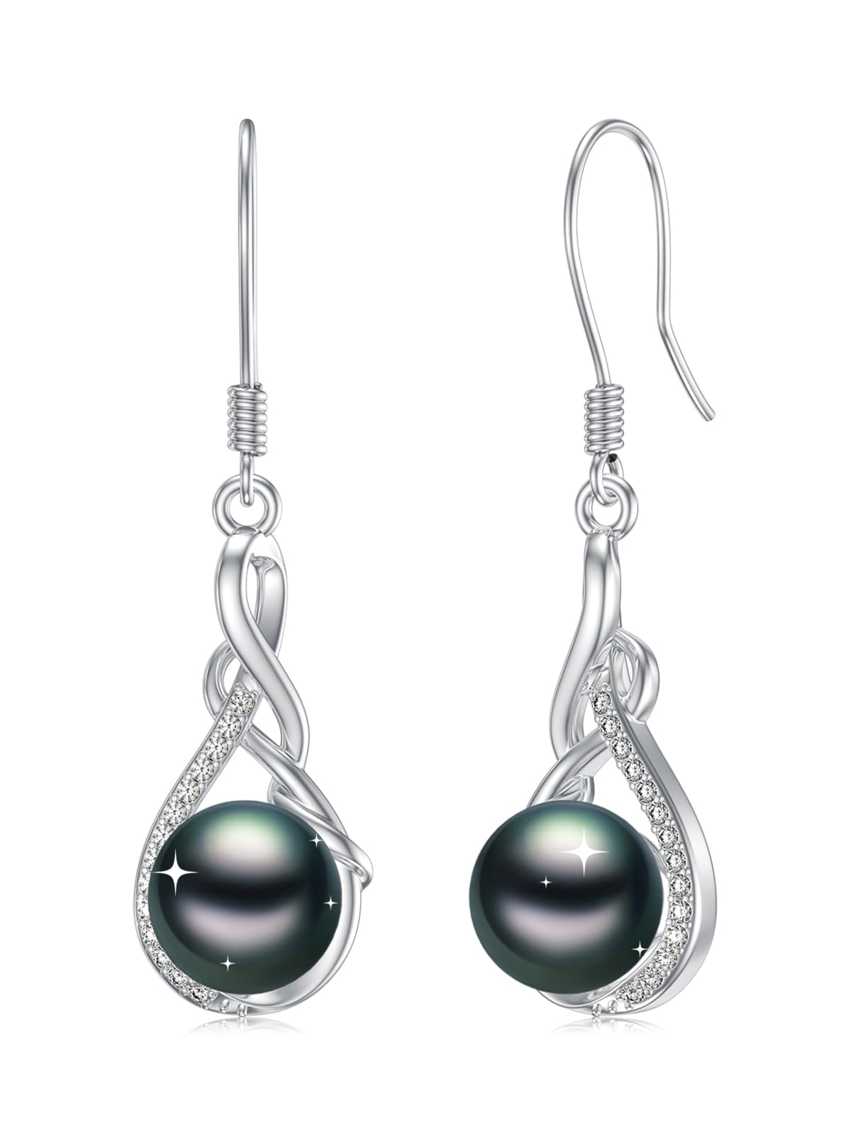 KANNSOAR 925 Sterling Silver 7MM Tahitian Black Pearl Dangle Drop Earrings, 18K White Gold Plated, Everyday Infinity Earrings for Women Hypoallergenic Jewelry Gift for Anniversary Birthday Christmas