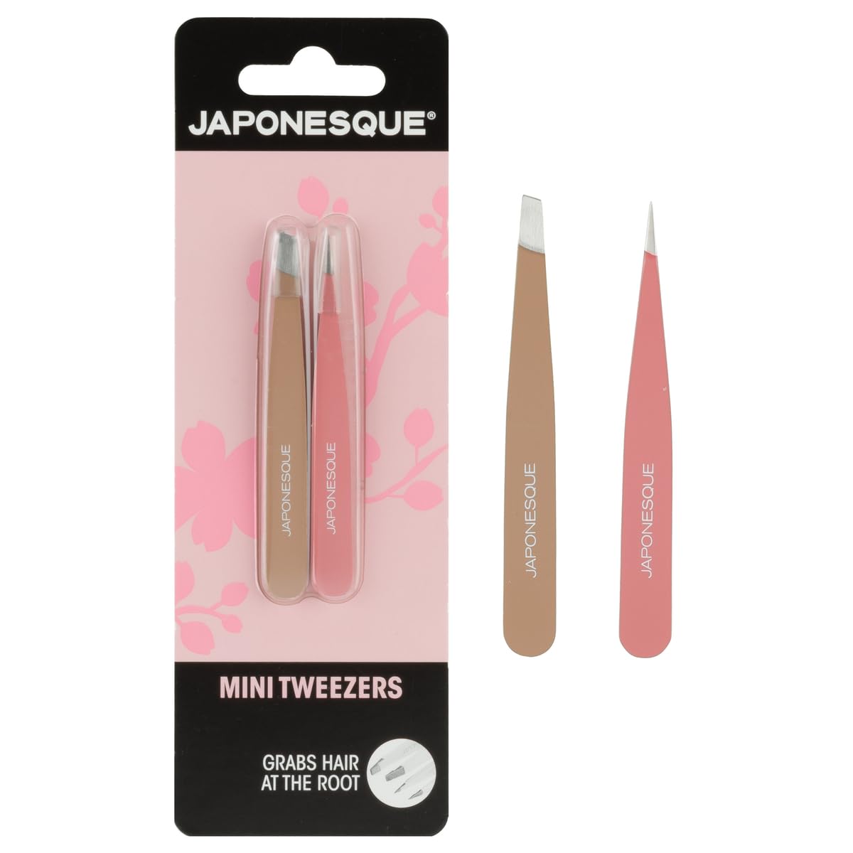 Japonesque Mini Tweezers 2 Pack – Precision Eyebrow Plucking Tool with Slant Tip and Point Tip Tweezer, Stainless Steel Hair Removal for Home and Travel