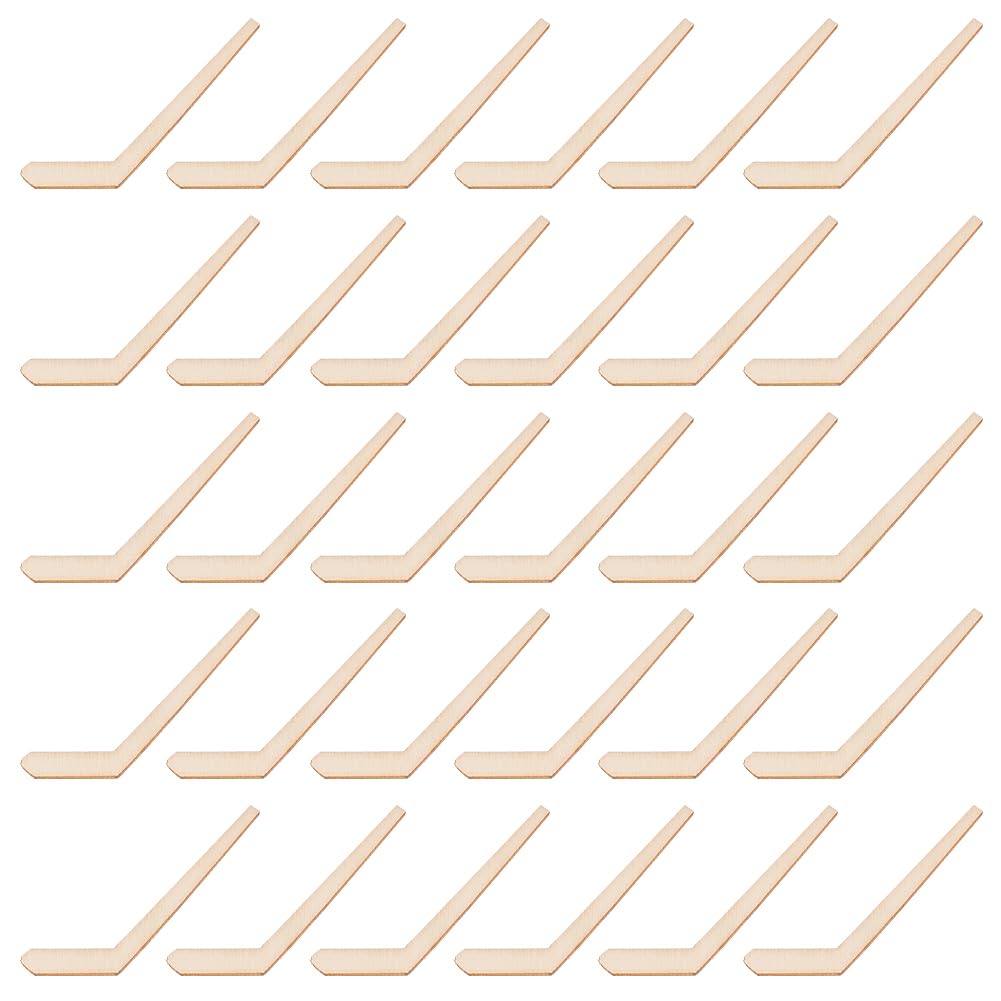 OLYCRAFT 30pcs Unfinished Wood Hockey Stick Blank Wood Slices Hockey Shape Wooden Pieces Unfinished Blank Slices Natural Wooden Cutouts for DIY Project Painting Drawing Home Party Decoration Crafts