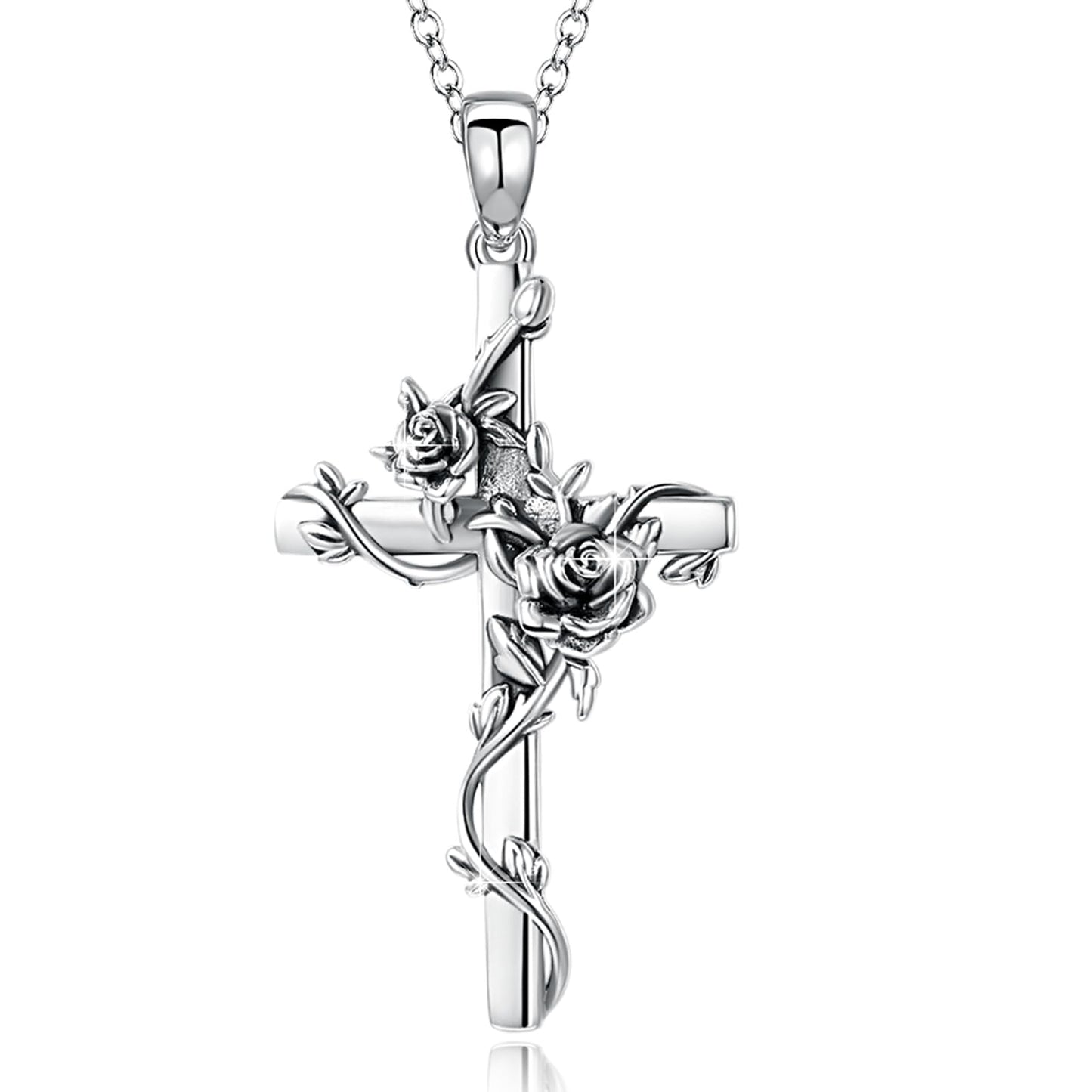 Cuoka Cross Necklace - 925 Sterling Silver Rose/Sunflower/Tree of Life/Family Tree Cross Pendant Jewelry - Spiritual Symbol of Religion Faith Love & Family Connection Beautiful Gift for Women Moms and ChristmasThanksgiving Day Baptism Special Occasions