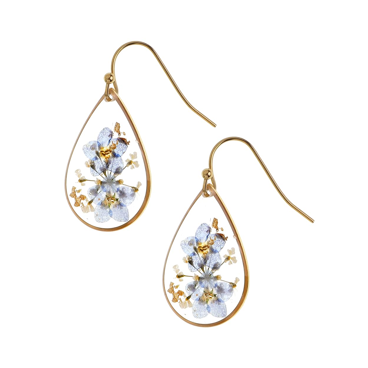 JeanBeau Handmade Pressed Flower Earrings for Women, Forget Me Wildflower Earrings Resin Blue Dried Flowers Gold Teardrop Dangle Drop Statement Floral Earings Jewelry Gift