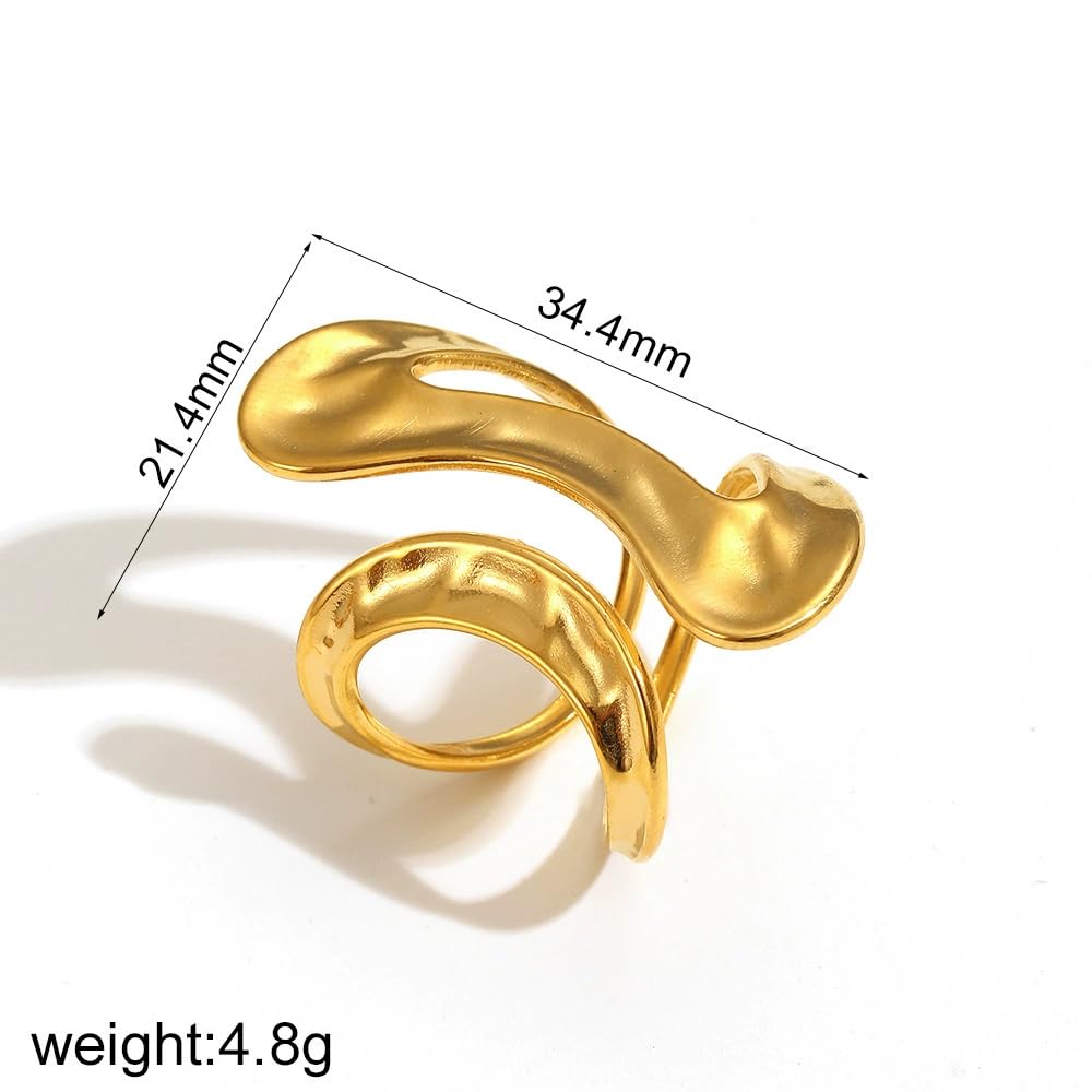 AIETUE Chunky Rings For Women, Gold Silver Thumb Ring Asymmetrical Wavy Curve Ring Adjustable Non Tarnish Dainty Stainless Steel New Year Anniversary Birthday Jewelry Gift (Trendy Gold #3)