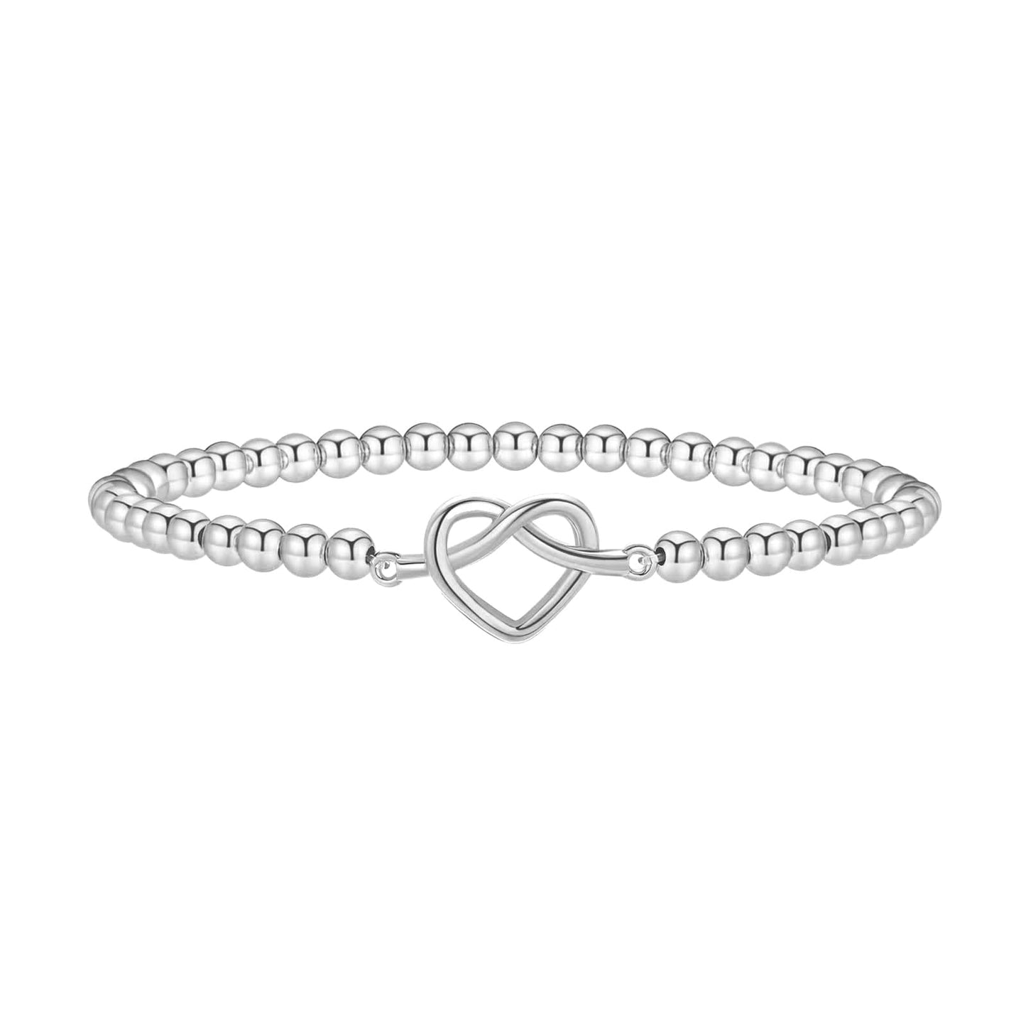 Beaded Bracelets for Women 14K Silver Gold Plated Stretch Handmade Ball Bracelets Cute Charm Bracelet Dainty Stackable Cross Heart Bow Wave CZ Circle Trendy Jewelry Easter Gifts (knot-heart-silver)