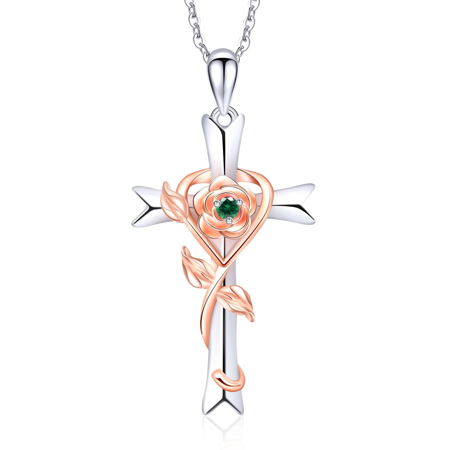 RIVIKO 925 Sterling Silver Cross May Birthstone Necklace for Women Cross Rose Pendant Necklaces Trendy Christmas Valentine's Day Jewelry Anniversary Birthday Gift for Women Her Wife Daughter