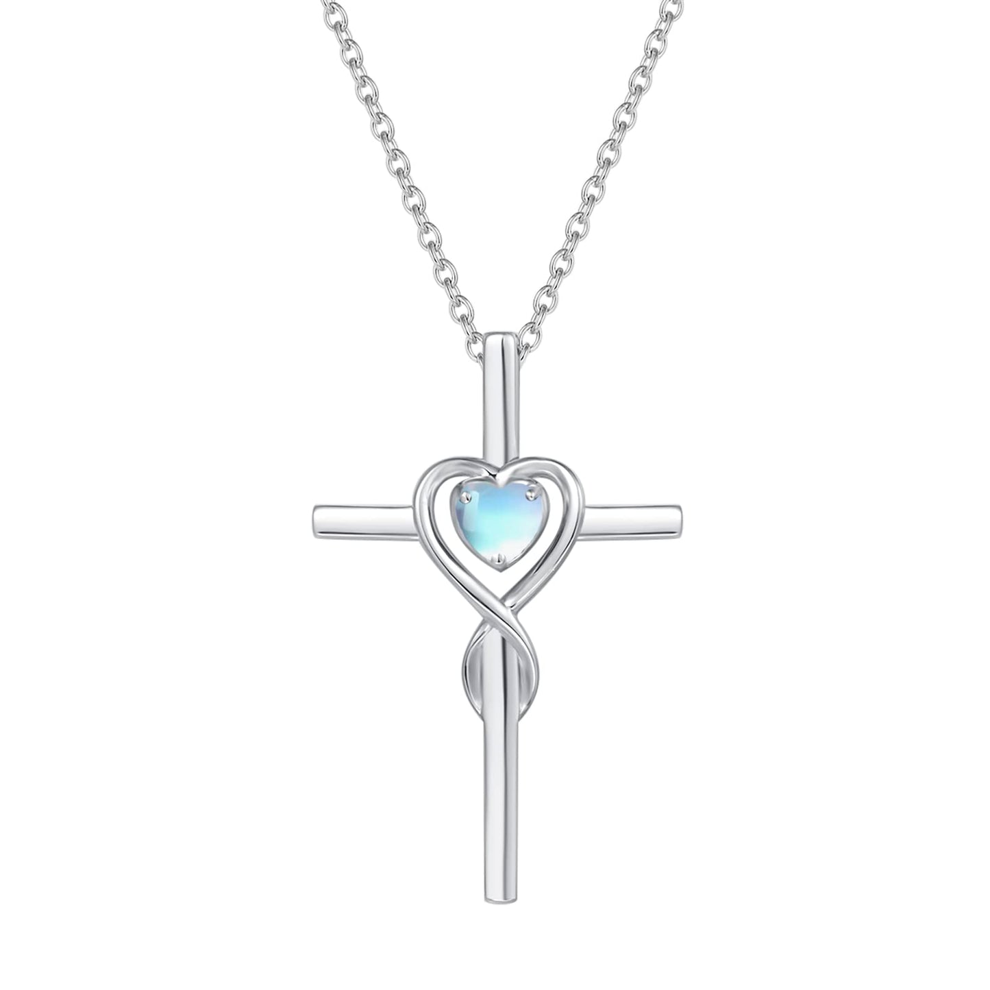 FANCIME Cross Necklace For Women Sterling Silver Birthstone Moonstone Necklace Infinity Heart Cross Pendant June Birthstone Jewelry Gifts for Women
