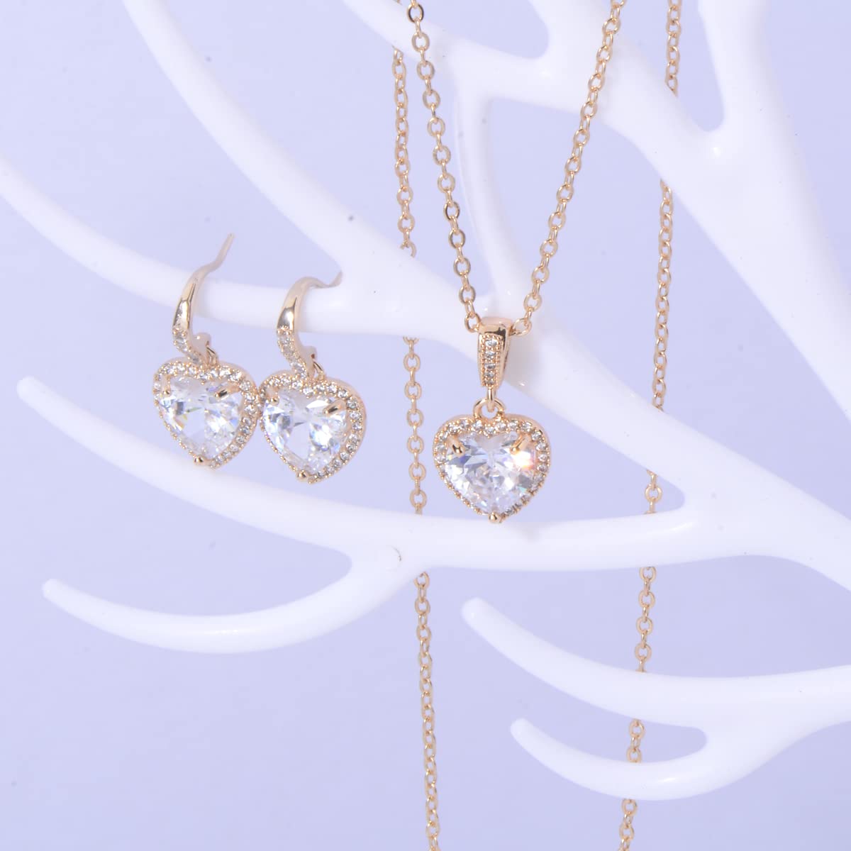 Mycitta Bridal Jewelry Set for Women - 925 Sterling Silver Dainty Small Love Heart Shape CZ Crystal Cubic Zirconia Rhinestone Necklace Earrings Set for Wedding Party Prom Gold Tone