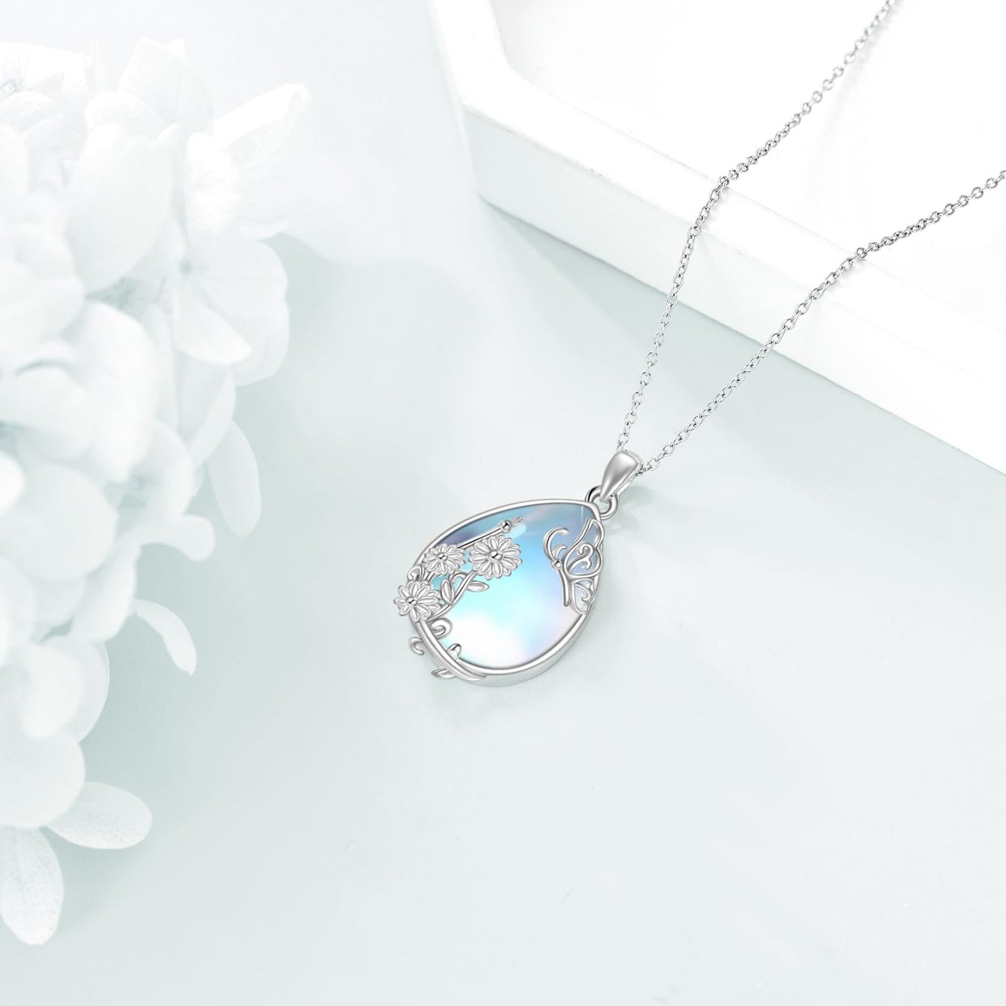 YAFEINI 925 Sterling Silver Moonstone Necklace Filigree Butterfly Pendant Necklace Jewelry for Women (Y-Butterfly Moonstone Necklace)
