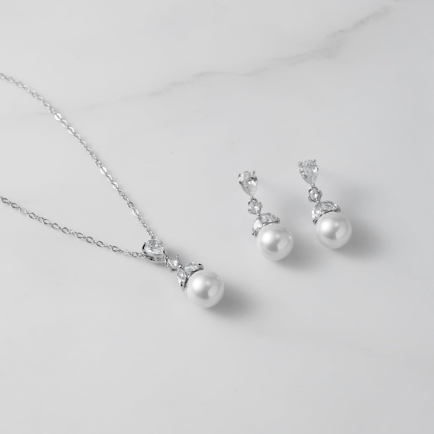 SWEETV Pearl Wedding Jewelry Set For Brides, Cubic Zirconia Wedding Necklace and Earrings Set, Elegant Bridal Jewelry Set for Women Bridesmaids Prom