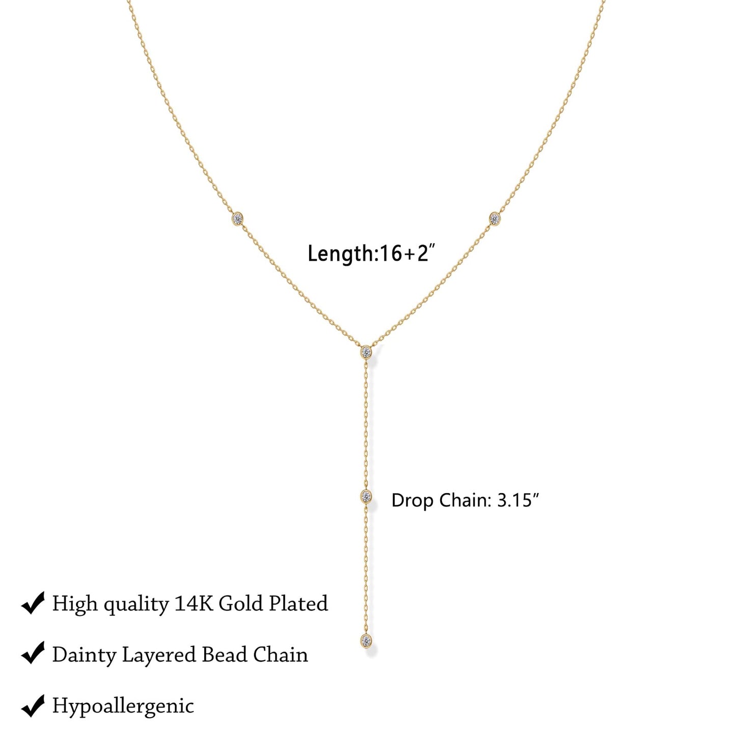 LULII Gold Necklace for Women Dainty 14K Gold Plated Drop Lariat Necklace Trendy Simple CZ Y-Shaped Body Chain Prom Dangle Statement Necklaces Jewelry Gifts
