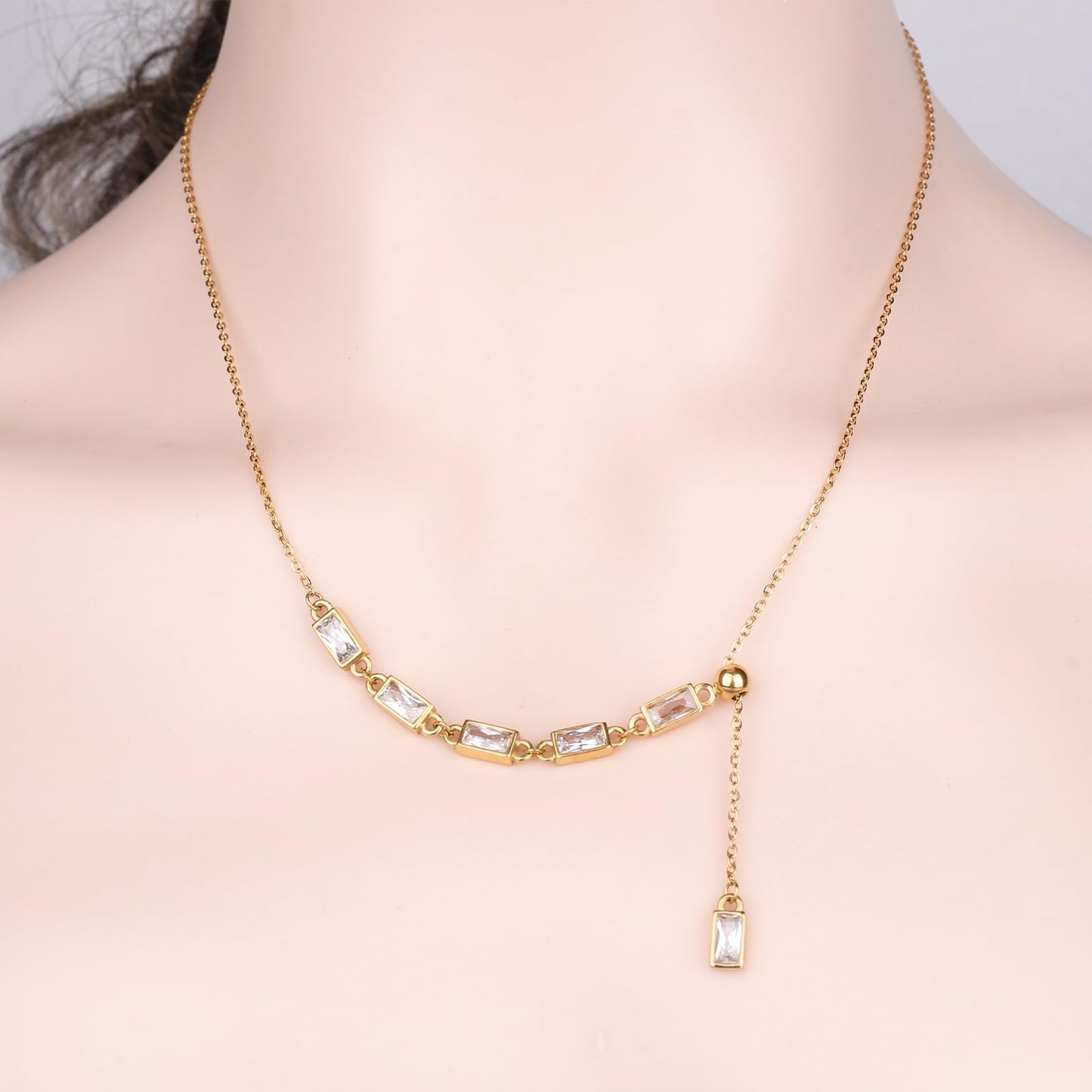 TaYolnFaSo Imitation Diamond Y Shaped Necklace 18K Gold Plated White CZ Y Lariat Necklace Emerald Cut Jewelry Christmas Gift for Women