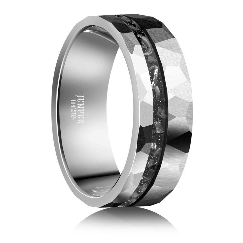 JEWPER 8mm Men Womens Wedding Band Tungsten Rings silver Hammer pattern Fashion Promise Carbide Inlaid Iron Filings Matte Finish Edge Comfort Fit size(10)