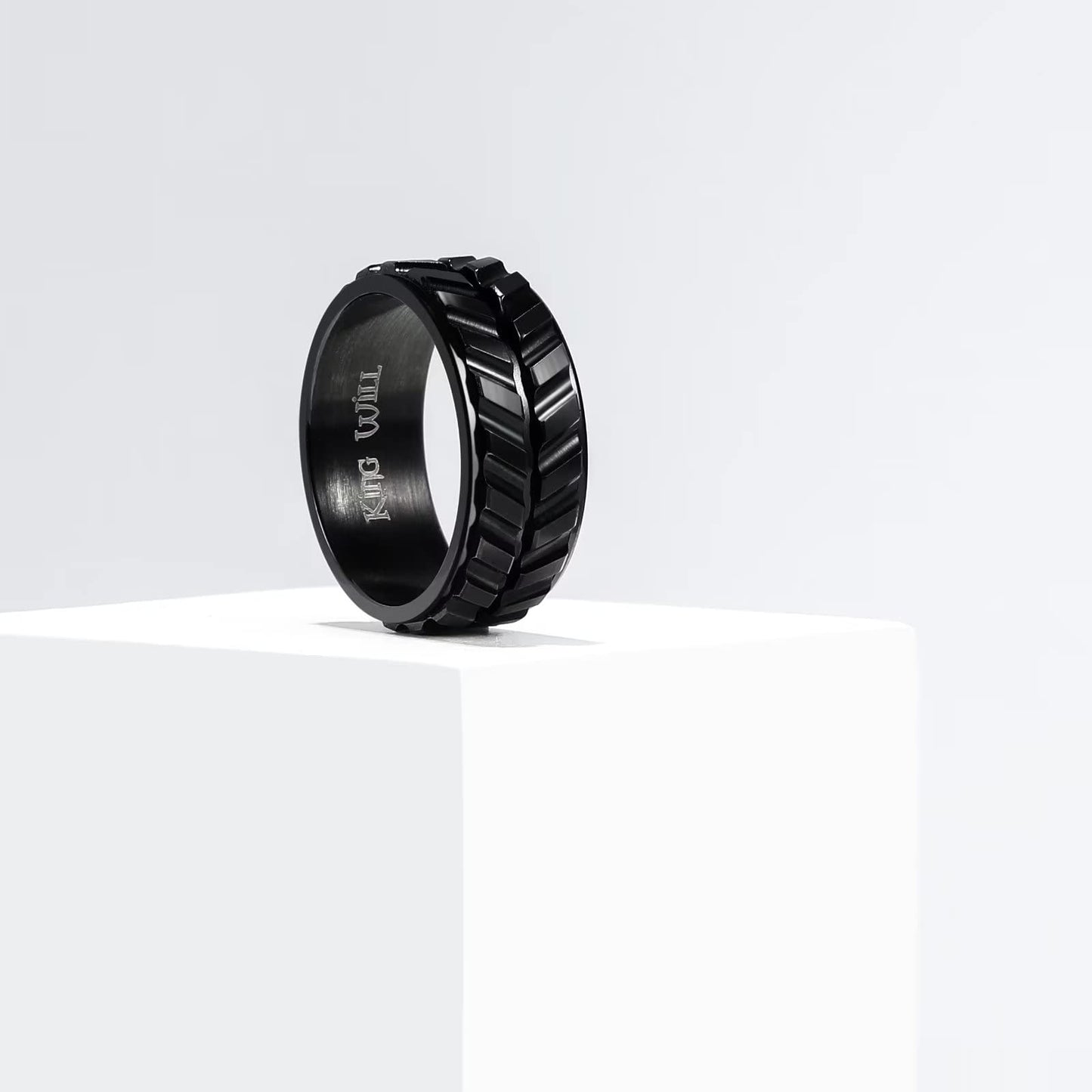 King Will Mens Black 8mm Spinner Rings Tire Stripe Groove Stainless Steel Anxiety Fidget Ring for Men Groove 8