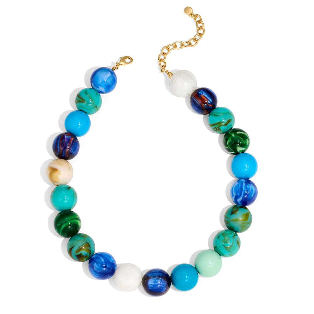 FAUTHENTICUTE Blue Beaded Choker Necklace for Women Boho Chunky Statement Necklace with Blue and Green Round Resin Beads Summer Beach Jewelry Gifts