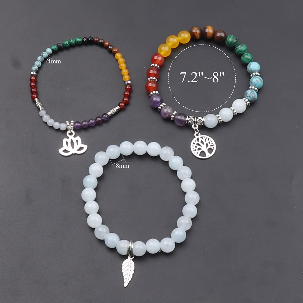 UEUC Natural Gemstone Chakra Bracelets for Women, Multilayer Tree of Life Lotus Crystal Healing Stone Bracelet Sets, Yoga Meditation Reiki Relax Bracelets for Stress Relief(#82)