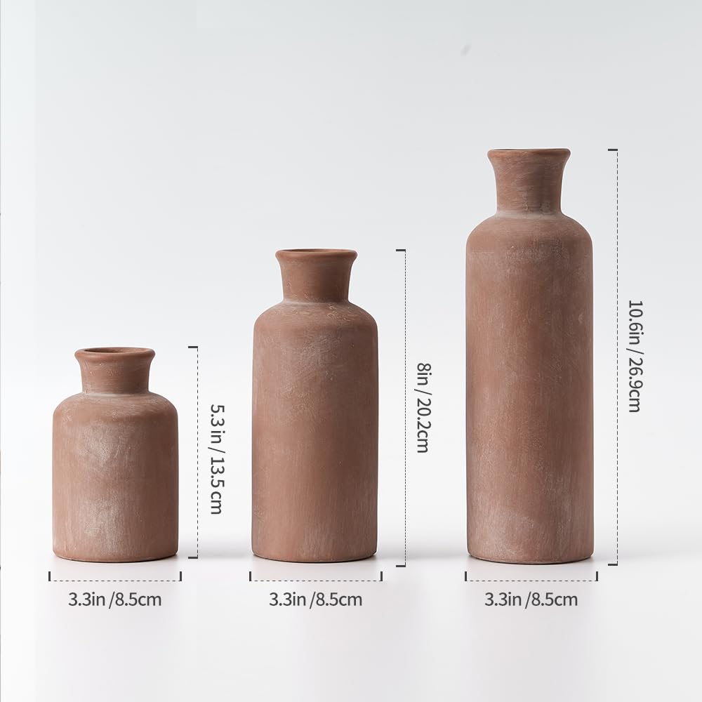 LUKA Ceramic Rustic Farmhouse Vase,Terracotta Vases for Decor,Vase Set of 3,Vases for Your Bedroom,Office,Living Room,Fireplace,Bookshelf Decor,Housewarming 10+7.5+5 Inch