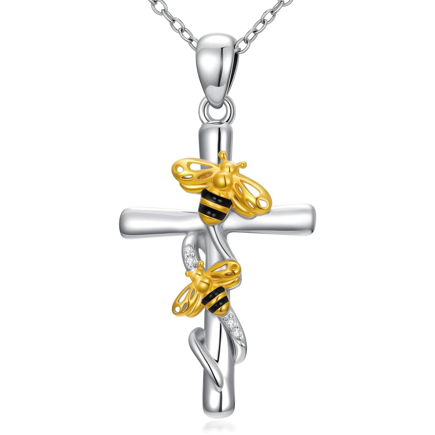 YYB Cross Necklace Valentines Day Gifts for Women 925 Sterling Silver Pendant Butterfly/Dragonfly/Bee/Ladybug/Hummingbird Cross Jewelry Gift for Her (Bee)