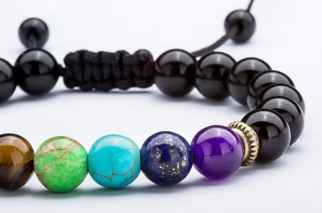 GelConnie 7 Chakra Bracelets 8mm Black Agate Chakra Stone Healing Crystal Bracelet Braided Rope Yoga Bead Bracelets Meditation Relief Anxiety Bangle Relax Energy Balance Gift for Women, Men